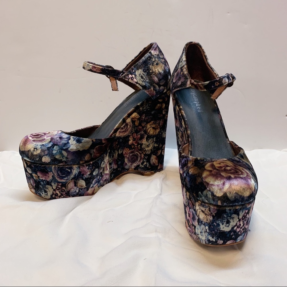 Dark floral velvet platform with straps
